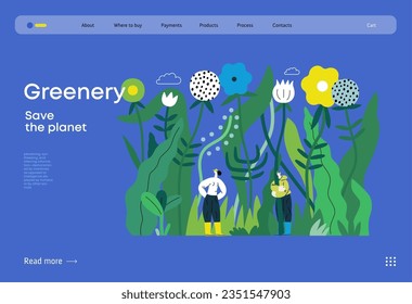 Greenery, ecology -modern flat vector concept illustration of tiny people in the grass, surrounded by plants and flowers. Metaphor of environmental sustainability and protection, closeness to nature