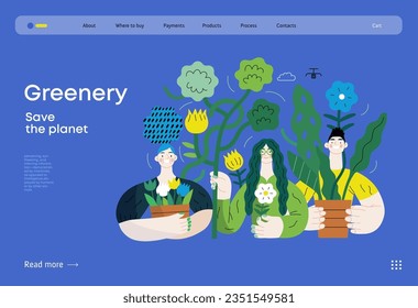 Greenery, ecology -modern flat vector concept illustration of people surrounded by plants and flowers. Metaphor of environmental sustainability and protection, closeness to nature
