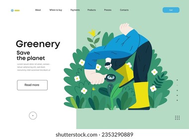 Verdor, ecología - moderna ilustración de un hombre en plantas, mirando el insecto a través de la lente. Metáfora de sostenibilidad y protección ambiental, cercanía a la naturaleza