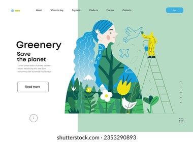 Greenery, ecology -modern flat vector concept illustration of a man painting a mural of a woman, composed with landscape. Metaphor of environmental sustainability and protection, closeness to nature