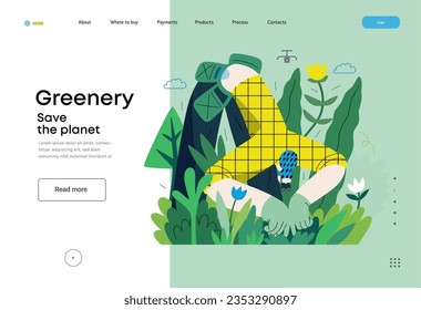 Greenery, ecology -modern flat vector concept illustration of a female gardener carrying the plants. Metaphor of environmental sustainability and protection, closeness to nature