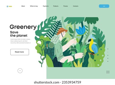 Greenery, ecology -modern flat vector concept illustration of a woman exploring the jungle and a wild bird in a tree. Metaphor of environmental sustainability and protection, closeness to nature