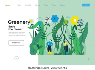 Greenery, ecology -modern flat vector concept illustration of tiny people in the grass, surrounded by plants and flowers. Metaphor of environmental sustainability and protection, closeness to nature