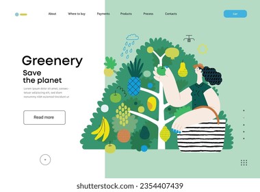 Greenery, ecology -modern flat vector concept illustration of a woman gathering fruit from the 40 fruit tree. Metaphor of environmental sustainability and protection, closeness to nature