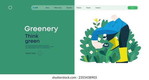 Greenery, ecology -modern flat vector concept illustration of a man in plants, looking at the bug through the lens. Metaphor of environmental sustainability and protection, closeness to nature