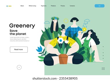 Greenery, ecology -modern flat vector concept illustration of people surrounded by plants and flowers. Metaphor of environmental sustainability and protection, closeness to nature