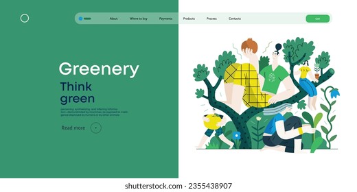 Greenery, ecology -modern flat vector concept illustration of people on a tree, surrounded by plants. Metaphor of environmental sustainability and protection, closeness to nature