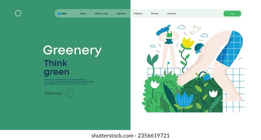 Greenery, ecology -modern flat vector concept illustration of people around the swimming pool of plants and flowers. Metaphor of environmental sustainability and protection, closeness to nature