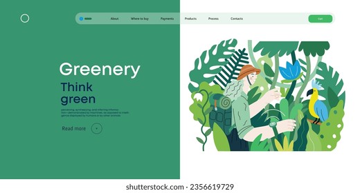 Greenery, ecology -modern flat vector concept illustration of a woman exploring the jungle and a wild bird in a tree. Metaphor of environmental sustainability and protection, closeness to nature