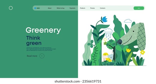 Greenery, ecology -modern flat vector concept illustration of a man in teh bottle, his ecosystem. Dog in a park. Metaphor of environmental sustainability and protection, closeness to nature