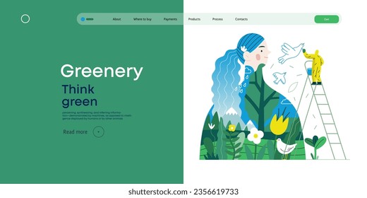 Greenery, ecology -modern flat vector concept illustration of a man painting a mural of a woman, composed with landscape. Metaphor of environmental sustainability and protection, closeness to nature