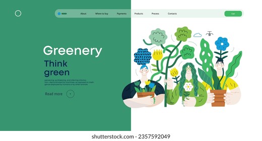 Greenery, ecology -modern flat vector concept illustration of people surrounded by plants and flowers. Metaphor of environmental sustainability and protection, closeness to nature