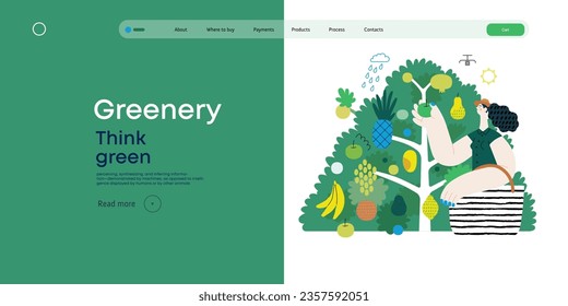 Greenery, ecology -modern flat vector concept illustration of a woman gathering fruit from the 40 fruit tree. Metaphor of environmental sustainability and protection, closeness to nature
