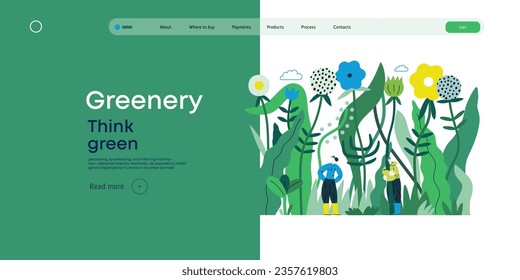 Greenery, ecology -modern flat vector concept illustration of tiny people in the grass, surrounded by plants and flowers. Metaphor of environmental sustainability and protection, closeness to nature