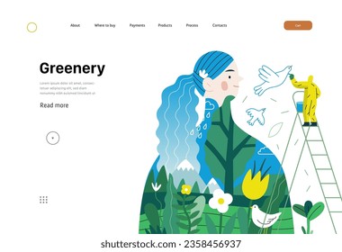 Greenery, ecology -modern flat vector concept illustration of a man painting a mural of a woman, composed with landscape. Metaphor of environmental sustainability and protection, closeness to nature