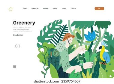 Greenery, ecology -modern flat vector concept illustration of a woman exploring the jungle and a wild bird in a tree. Metaphor of environmental sustainability and protection, closeness to nature