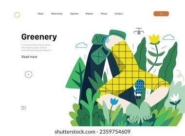 Greenery, ecology -modern flat vector concept illustration of a female gardener carrying the plants. Metaphor of environmental sustainability and protection, closeness to nature