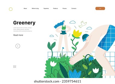 Greenery, ecology -modern flat vector concept illustration of people around the swimming pool of plants and flowers. Metaphor of environmental sustainability and protection, closeness to nature