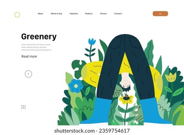 La vegetación, la ecología - moderna ilustración de un huerto macho que lleva las plantas. Metáfora de sostenibilidad y protección ambiental, cercanía a la naturaleza