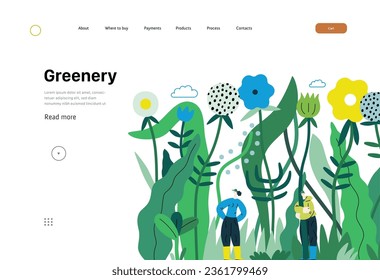 Greenery, ecology -modern flat vector concept illustration of tiny people in the grass, surrounded by plants and flowers. Metaphor of environmental sustainability and protection, closeness to nature