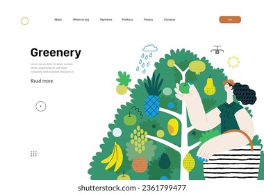 Greenery, ecology -modern flat vector concept illustration of a woman gathering fruit from the 40 fruit tree. Metaphor of environmental sustainability and protection, closeness to nature