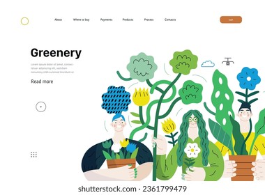 La vegetación, la ecología -moderna ilustración de la concepción de vectores planos de personas rodeadas de plantas y flores. Metáfora de sostenibilidad y protección ambiental, cercanía a la naturaleza