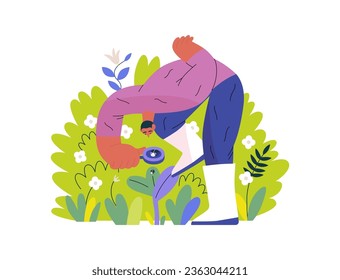 Greenery, ecology -modern flat vector concept illustration of a man in plants, looking at the bug through the lens. Metaphor of environmental sustainability and protection, closeness to nature