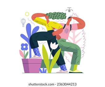Greenery, ecology -modern flat vector concept illustration of observing people surrounded by plants. Metaphor of environmental sustainability and protection, closeness to nature