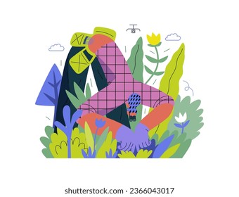 Grün, Ökologie - moderne flache Vektorgrafik eines Gärtners, der die Pflanzen trägt. Metapher der ökologischen Nachhaltigkeit und des Umweltschutzes, Nähe zur Natur