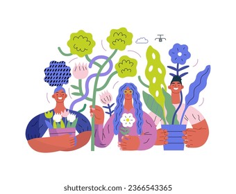 Greenery, ecology -modern flat vector concept illustration of people surrounded by plants and flowers. Metaphor of environmental sustainability and protection, closeness to nature