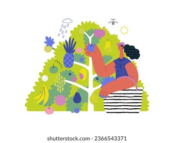 Greenery, ecology -modern flat vector concept illustration of a woman gathering fruit from the 40 fruit tree. Metaphor of environmental sustainability and protection, closeness to nature