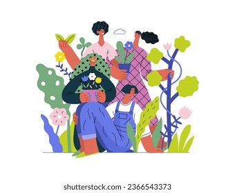 Greenery, ecology -modern flat vector concept illustration of people surrounded by plants and flowers. Metaphor of environmental sustainability and protection, closeness to nature