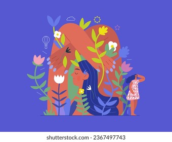 Greenery, ecology -modern flat vector concept illustration of a mural of a woman, surrounded by plants. Metaphor of environmental sustainability and protection, closeness to nature