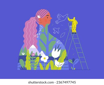 Greenery, ecology -modern flat vector concept illustration of a man painting a mural of a woman, composed with landscape. Metaphor of environmental sustainability and protection, closeness to nature