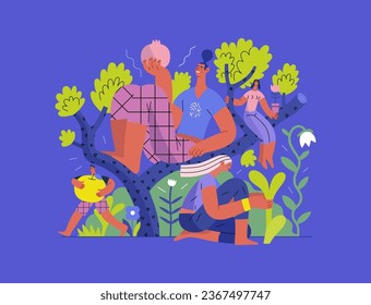 Greenery, ecology -modern flat vector concept illustration of people on a tree, surrounded by plants. Metaphor of environmental sustainability and protection, closeness to nature