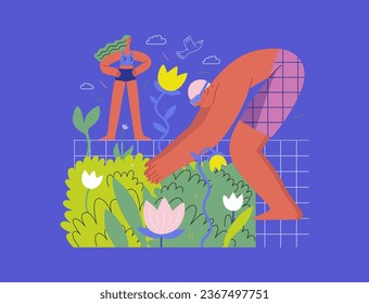 Greenery, ecology -modern flat vector concept illustration of people around the swimming pool of plants and flowers. Metaphor of environmental sustainability and protection, closeness to nature