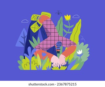 La vegetación, la ecología - moderna ilustración de un vectores plano de una mujer jardinero que lleva las plantas. Metáfora de sostenibilidad y protección ambiental, cercanía a la naturaleza