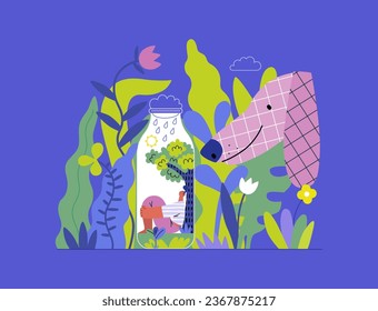 Greenery, ecology -modern flat vector concept illustration of a man in teh bottle, his ecosystem. Dog in a park. Metaphor of environmental sustainability and protection, closeness to nature