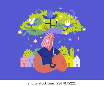 Greenery, ecology -modern flat vector concept illustration of a woman under the green lush umbrella of plants and flowers. Metaphor of environmental sustainability and protection, closeness to nature