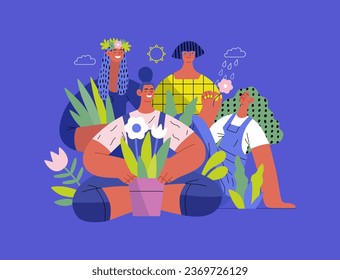 Greenery, ecology -modern flat vector concept illustration of people surrounded by plants and flowers. Metaphor of environmental sustainability and protection, closeness to nature