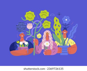 Greenery, ecology -modern flat vector concept illustration of people surrounded by plants and flowers. Metaphor of environmental sustainability and protection, closeness to nature