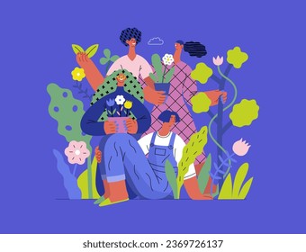 Greenery, ecology -modern flat vector concept illustration of people surrounded by plants and flowers. Metaphor of environmental sustainability and protection, closeness to nature