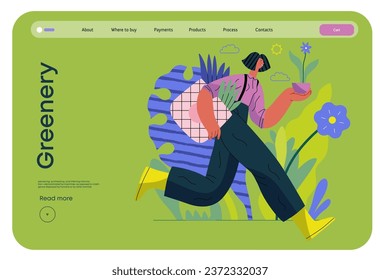 Greenery, ecology -modern flat vector concept illustration of a woman running with a eco bag and a flower in the pot. Metaphor of environmental sustainability and protection, closeness to nature