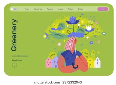 Greenery, ecology -modern flat vector concept illustration of a woman under the green lush umbrella of plants and flowers. Metaphor of environmental sustainability and protection, closeness to nature