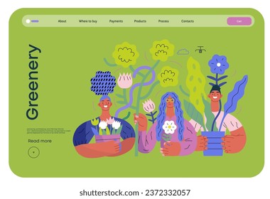 Greenery, ecology -modern flat vector concept illustration of people surrounded by plants and flowers. Metaphor of environmental sustainability and protection, closeness to nature