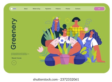 Greenery, ecology -modern flat vector concept illustration of people surrounded by plants and flowers. Metaphor of environmental sustainability and protection, closeness to nature