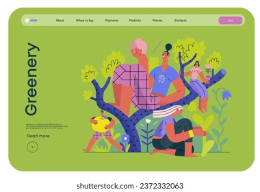 La vegetación, la ecología -moderna ilustración de un vector plano de personas en un árbol, rodeado de plantas. Metáfora de sostenibilidad y protección ambiental, cercanía a la naturaleza