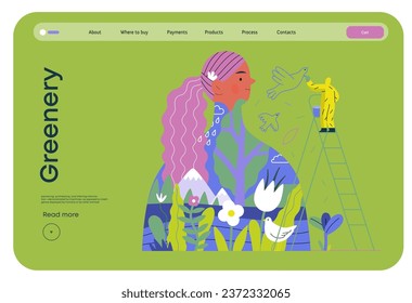 La vegetación, la ecología - moderna ilustración de un hombre pintando un mural de una mujer, compuesto de paisajes. Metáfora de sostenibilidad y protección ambiental, cercanía a la naturaleza