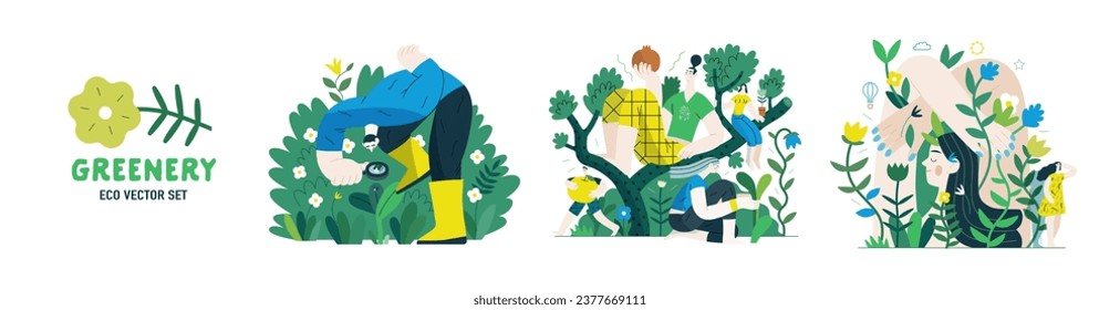 Greenery, ecology -modern flat vector concept illustration of people and plants. Metaphor of environmental sustainability and protection, closeness to nature, green life, ecosystem and biosphere