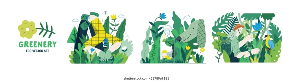 Greenery, ecology -modern flat vector concept illustration of people and plants. Metaphor of environmental sustainability and protection, closeness to nature, green life, ecosystem and biosphere